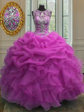 Scoop Sleeveless Organza Floor Length Lace Up Quince Ball Gowns in Fuchsia for with Beading and Ruffles and Pick Ups