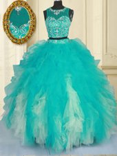 Ideal Scoop Tulle Sleeveless Floor Length Quinceanera Gown and Beading and Ruffles
