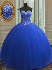 Sleeveless With Train Beading and Ruffled Layers Lace Up Sweet 16 Dresses with Blue Sweep Train