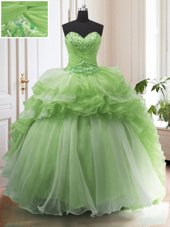 Ruffled Sleeveless Organza Court Train Lace Up Quinceanera Gown for Military Ball and Sweet 16 and Quinceanera