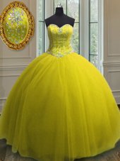 Yellow Sleeveless Floor Length Beading and Sequins Lace Up Vestidos de Quinceanera