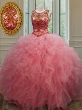 Perfect Pink Ball Gowns Tulle Scoop Sleeveless Beading and Ruffles Floor Length Lace Up Quinceanera Dress