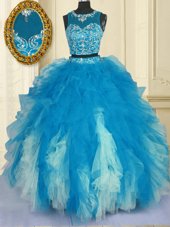 Admirable Blue And White Tulle Zipper Scoop Sleeveless Floor Length Vestidos de Quinceanera Beading and Ruffles