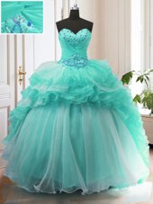 Discount Turquoise Lace Up Vestidos de Quinceanera Beading and Ruffles Sleeveless With Train Sweep Train