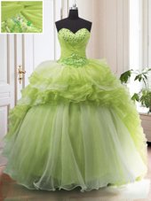 Sleeveless With Train Beading and Ruffled Layers Lace Up Quinceanera Gowns with Yellow Green Sweep Train