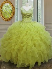 Floor Length Yellow Green 15 Quinceanera Dress V-neck Sleeveless Zipper