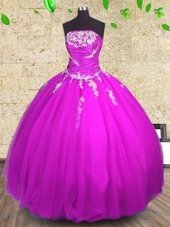 Ball Gowns 15 Quinceanera Dress Fuchsia Strapless Tulle Sleeveless Floor Length Lace Up
