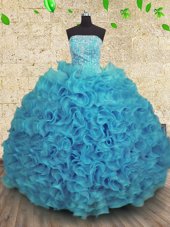 Floor Length Aqua Blue Sweet 16 Dresses Organza Sleeveless Beading and Ruffles