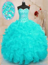 Sequins Aqua Blue Sleeveless Organza Lace Up Vestidos de Quinceanera for Military Ball and Sweet 16 and Quinceanera and Beach