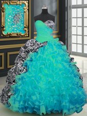 Organza and Printed Sleeveless With Train 15 Quinceanera Dress Brush Train and Beading and Ruffles and Pattern