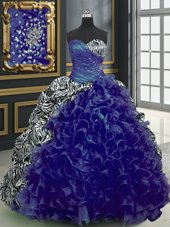 Great Blue Organza and Printed Lace Up Sweetheart Sleeveless With Train Sweet 16 Dress Beading and Ruffles and Pattern
