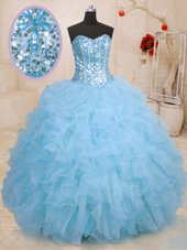 Ball Gowns 15th Birthday Dress Baby Blue Sweetheart Organza Sleeveless Floor Length Lace Up