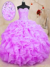 Lilac Ball Gowns Sweetheart Sleeveless Organza Floor Length Lace Up Beading and Ruffles Quinceanera Dresses