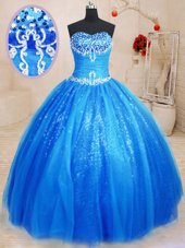 Tulle and Sequined Sweetheart Sleeveless Lace Up Beading and Appliques Vestidos de Quinceanera in Royal Blue