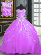 Dazzling Sleeveless Brush Train Beading and Appliques Lace Up 15th Birthday Dress