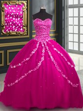 Fuchsia Sleeveless Tulle Brush Train Lace Up Vestidos de Quinceanera for Military Ball and Sweet 16 and Quinceanera