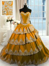 Super Ruffled Brown Sleeveless Taffeta Court Train Lace Up Sweet 16 Dresses for Military Ball and Sweet 16 and Quinceanera