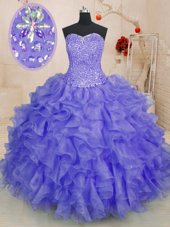 Lavender Organza Lace Up Sweetheart Sleeveless Floor Length 15th Birthday Dress Beading and Ruffles