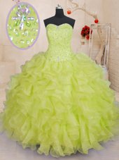 Organza Sweetheart Sleeveless Lace Up Beading and Ruffles Quinceanera Gown in Green
