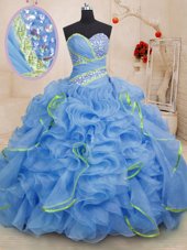 Blue Sleeveless With Train Beading and Ruffles Lace Up Quinceanera Gowns