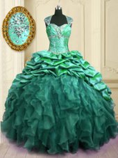 Ideal Cap Sleeves Organza and Taffeta With Brush Train Lace Up Sweet 16 Quinceanera Dress in Turquoise for with Beading and Ruffles and Pick Ups