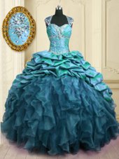 Cap Sleeves With Train Beading and Ruffles and Pick Ups Lace Up Vestidos de Quinceanera with Teal Brush Train