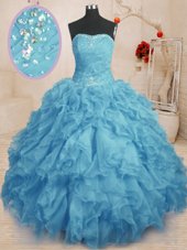 Glittering Baby Blue Organza Lace Up Sweetheart Sleeveless Floor Length Sweet 16 Quinceanera Dress Beading and Ruffles and Ruching