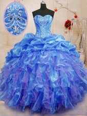 Customized Blue Lace Up Quinceanera Gown Beading and Ruffles Sleeveless Floor Length