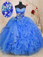 Wonderful Ball Gowns Quinceanera Gowns Blue Sweetheart Organza Sleeveless Floor Length Lace Up