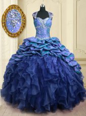 Flare Blue Organza and Taffeta Lace Up Sweetheart Cap Sleeves With Train Quinceanera Gown Brush Train Beading and Ruffles and Pick Ups