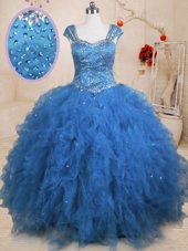 Cap Sleeves Floor Length Beading and Ruffles and Sequins Lace Up Sweet 16 Dress with Teal