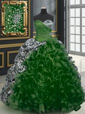 Fine Sweetheart Sleeveless Organza and Printed Quinceanera Gown Beading and Ruffles and Pattern Brush Train Lace Up