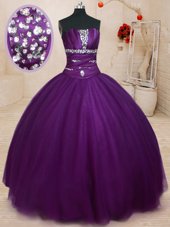 Dark Purple Vestidos de Quinceanera Military Ball and Sweet 16 and Quinceanera and For with Beading Strapless Sleeveless Lace Up