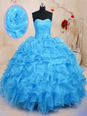 Nice Sleeveless Lace Up Floor Length Beading and Ruffles and Hand Made Flower Vestidos de Quinceanera