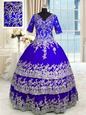Best Selling Satin and Tulle Half Sleeves Floor Length Quince Ball Gowns and Appliques and Ruffled Layers