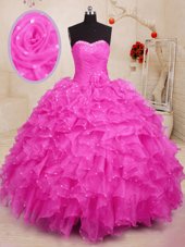 Hot Pink Ball Gowns Organza Sweetheart Sleeveless Beading and Ruffles and Hand Made Flower Floor Length Lace Up Quinceanera Dresses