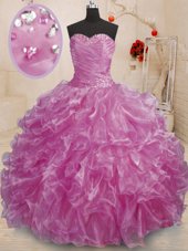 Edgy Sleeveless Organza Floor Length Lace Up Ball Gown Prom Dress in Lilac for with Beading and Ruffles