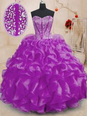 Glittering Organza Sweetheart Sleeveless Lace Up Beading and Ruffles Sweet 16 Dress in Purple