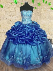 Teal Strapless Lace Up Beading and Embroidery and Ruffles 15 Quinceanera Dress Sleeveless