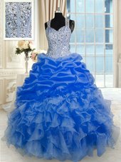 Pretty Royal Blue Zipper Quinceanera Gowns Beading and Ruffles and Pick Ups Sleeveless Floor Length