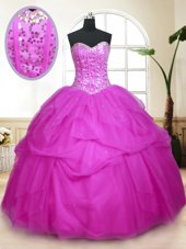 Deluxe Sweetheart Sleeveless Quinceanera Dress Floor Length Sequins and Pick Ups Fuchsia Tulle