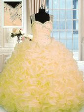 Deluxe Gold Sleeveless Beading and Ruffles Floor Length Quinceanera Gown