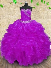 Halter Top Purple Lace Up Ball Gown Prom Dress Beading and Ruffles and Ruching Sleeveless Floor Length