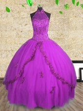 Halter Top Floor Length Lace Up 15th Birthday Dress Purple and In for Military Ball and Sweet 16 and Quinceanera with Beading