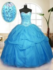 Sweet Baby Blue Sleeveless Sequins and Pick Ups Floor Length Quinceanera Dress