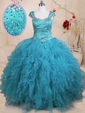 Enchanting Ball Gowns 15th Birthday Dress Baby Blue Square Tulle Cap Sleeves Floor Length Lace Up