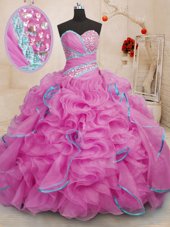With Train Rose Pink Quince Ball Gowns Organza Brush Train Sleeveless Beading and Ruffles