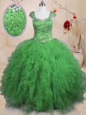 Edgy Tulle Cap Sleeves Floor Length Sweet 16 Dress and Beading and Ruffles