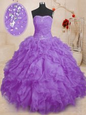 Flare Sleeveless Lace Up Floor Length Beading and Ruffles and Ruching Quince Ball Gowns