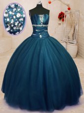 Decent Tulle Strapless Sleeveless Lace Up Beading Vestidos de Quinceanera in Navy Blue